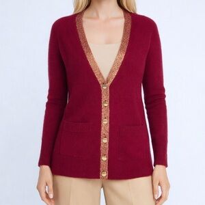 Filoro Pure Cashmere Lightweight Bardot Lurex Trim Buttons Pockets Long Cardigan